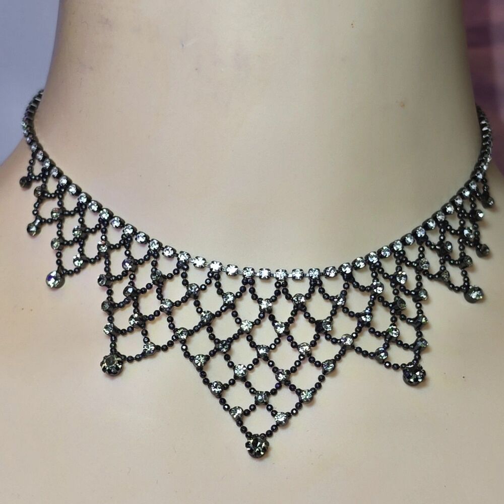 Vintage Gunmetal Rhinestone Mesh Bib Choker Statement Necklace